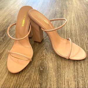 Fashion Nova LA Kelly tan high strappy tall high heeled sandals